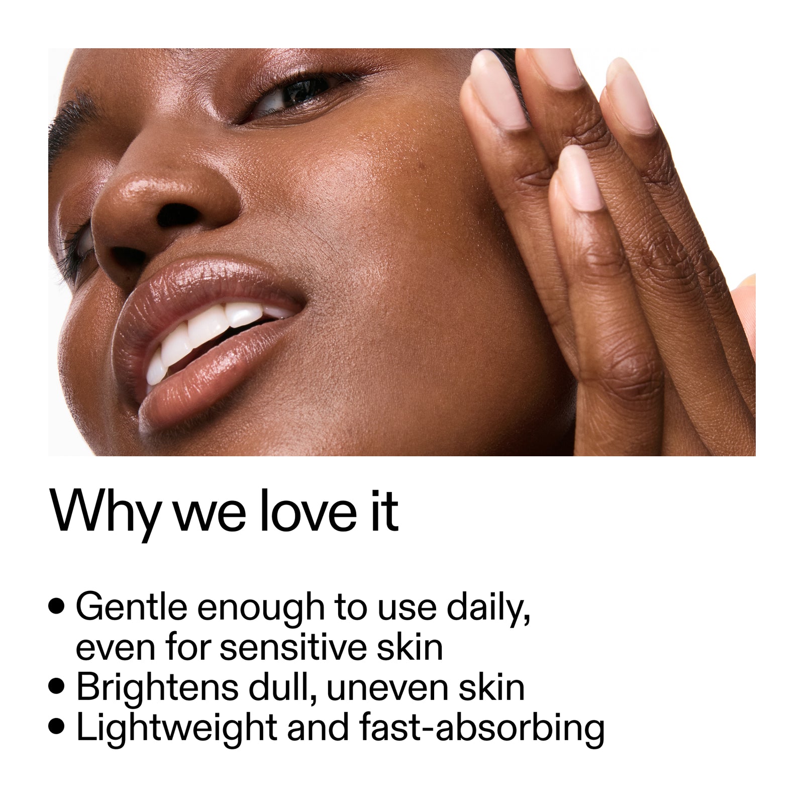 Woman applying15% Vitamin C + EGF Serum with text highlighting benefits on a white background