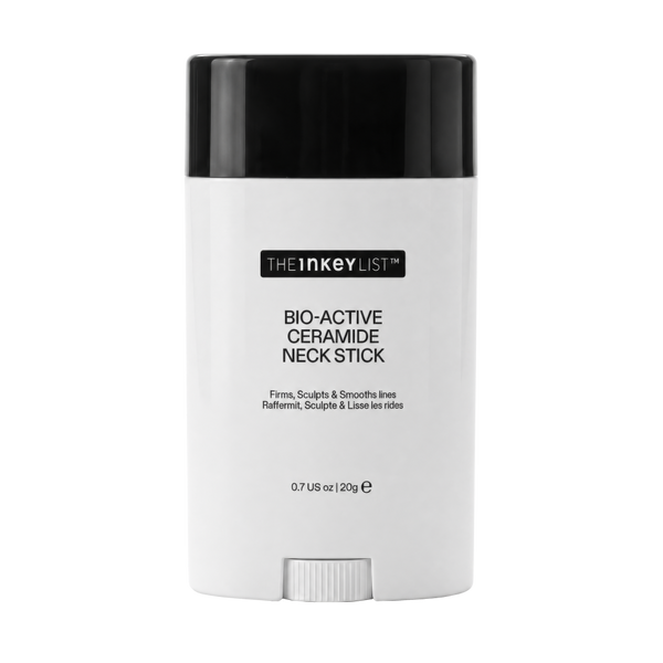 A white and black neck stick from TheInkeyList Bio-Active Ceramide Neck Stick, shown on a clean white background.
