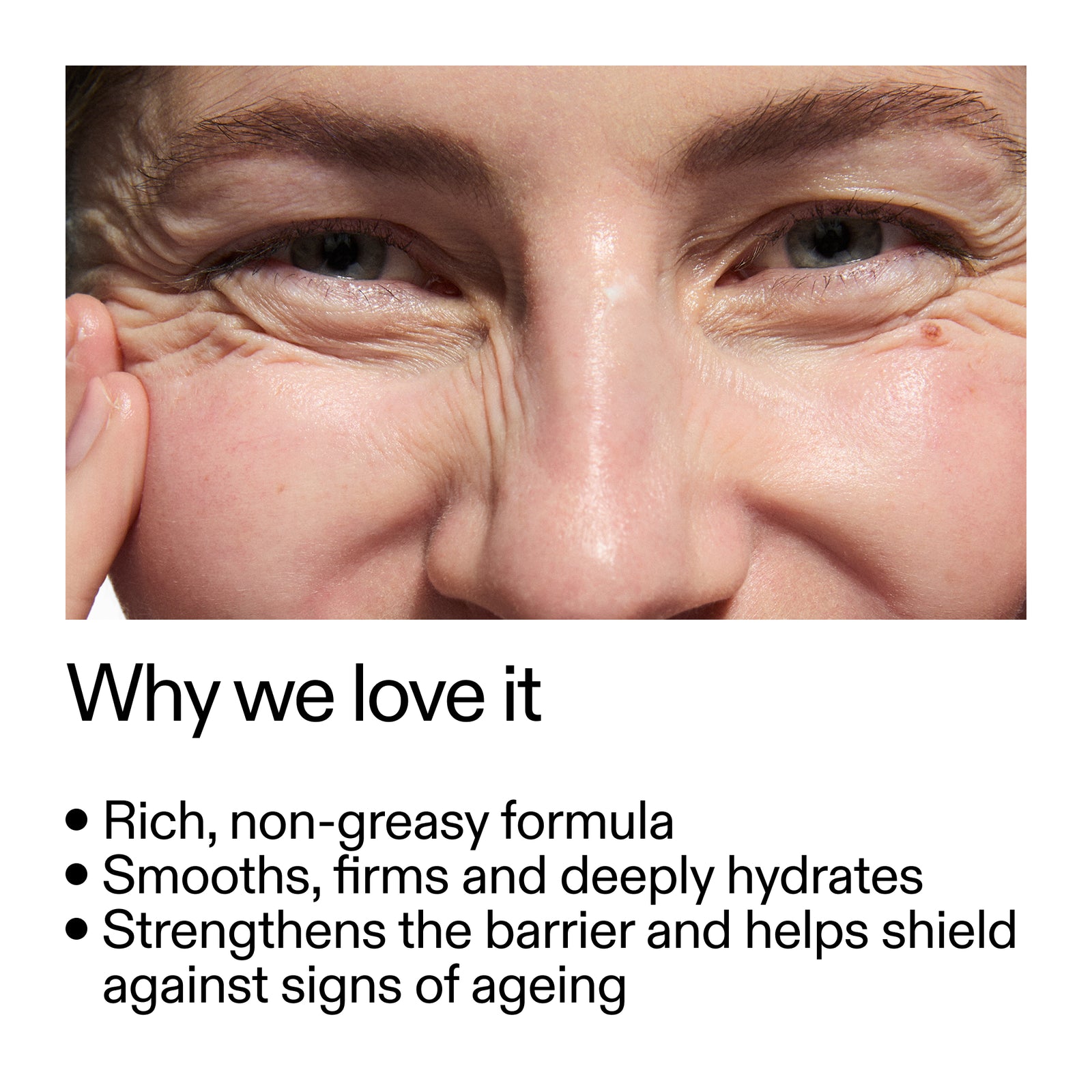 Close-up of a person's eye with text highlighting product benefits