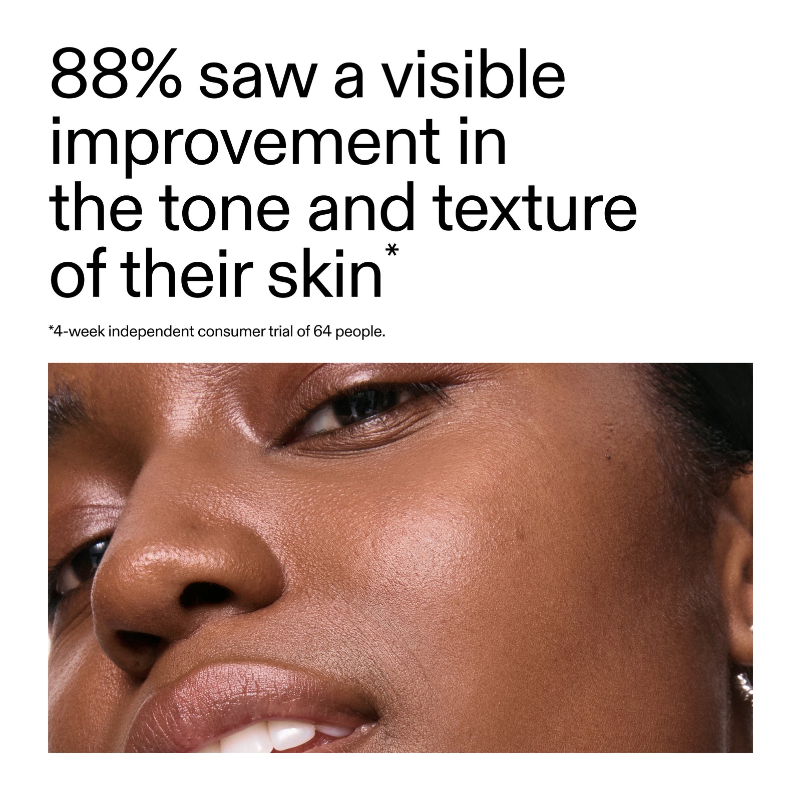 close-up of a person's face with text about skin improvement from a clinical study of using 15% Vitamin C + EGF Serum