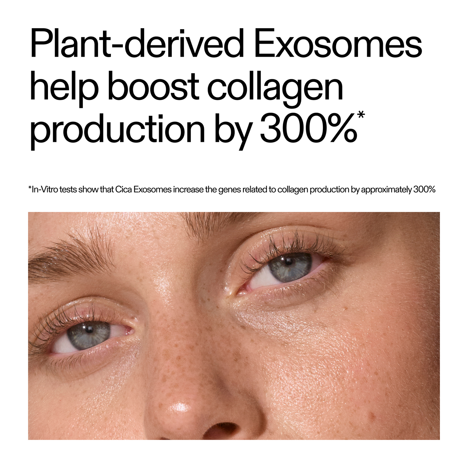 Key claim about plant-derived exosomes with a close-up of a person's eye.