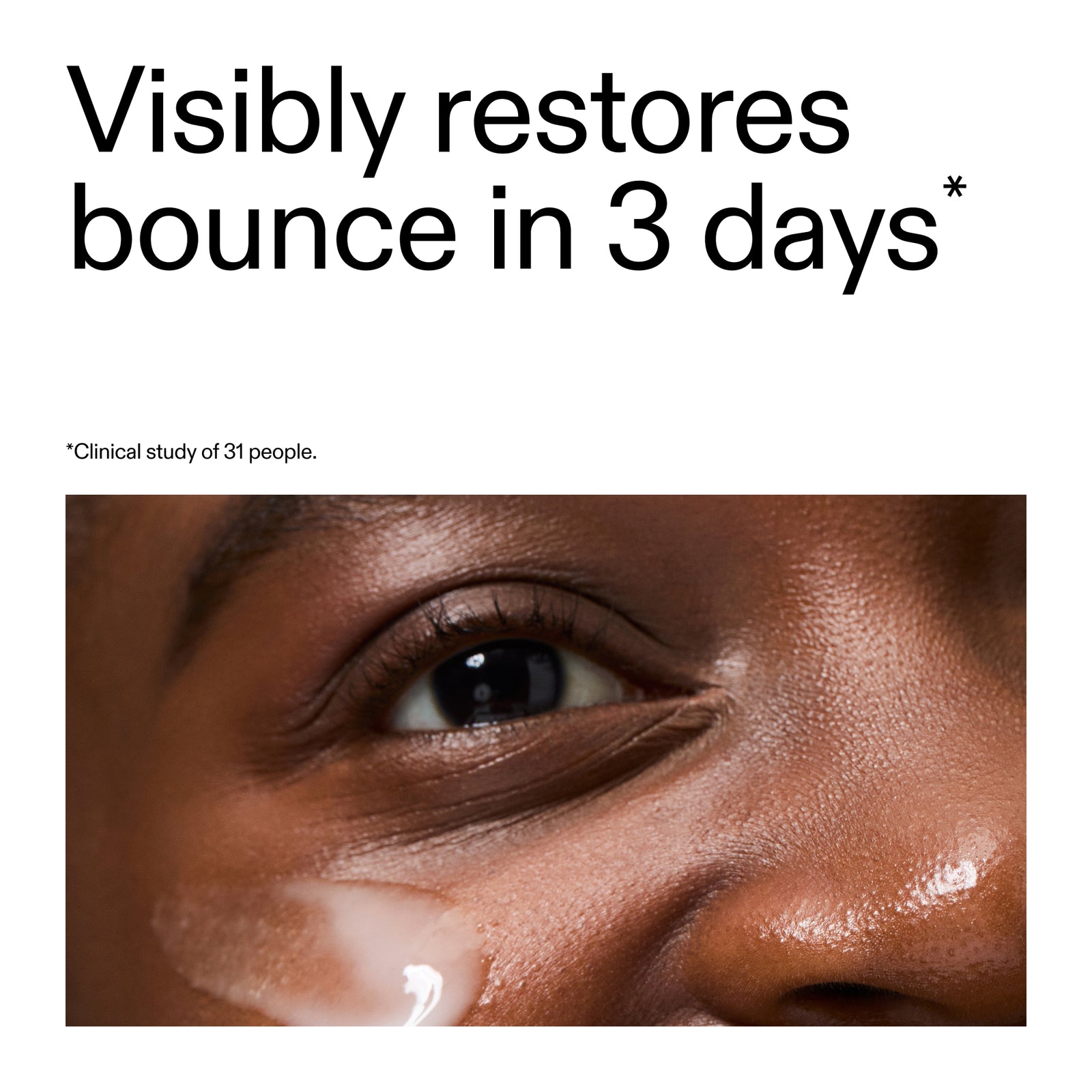 Close-up of a person's eye with a product application, text indicating restoration in 3 days after using Ectoin Hydro-Barrier Serum