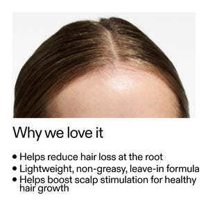 Close-up of a person's head with text about Caffeine stimulating scalp treatment benefits.