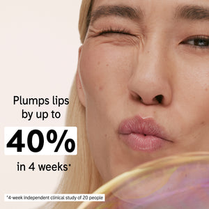 Model holding Tripeptide Plumping Lip Balm with key claim statistics