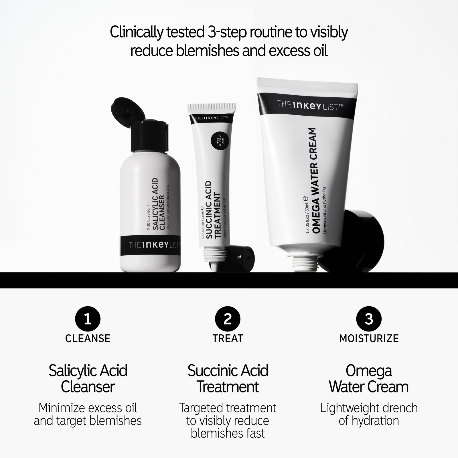 3 Step routine: 1. Cleanse 2. Treat, 3. Moisturize