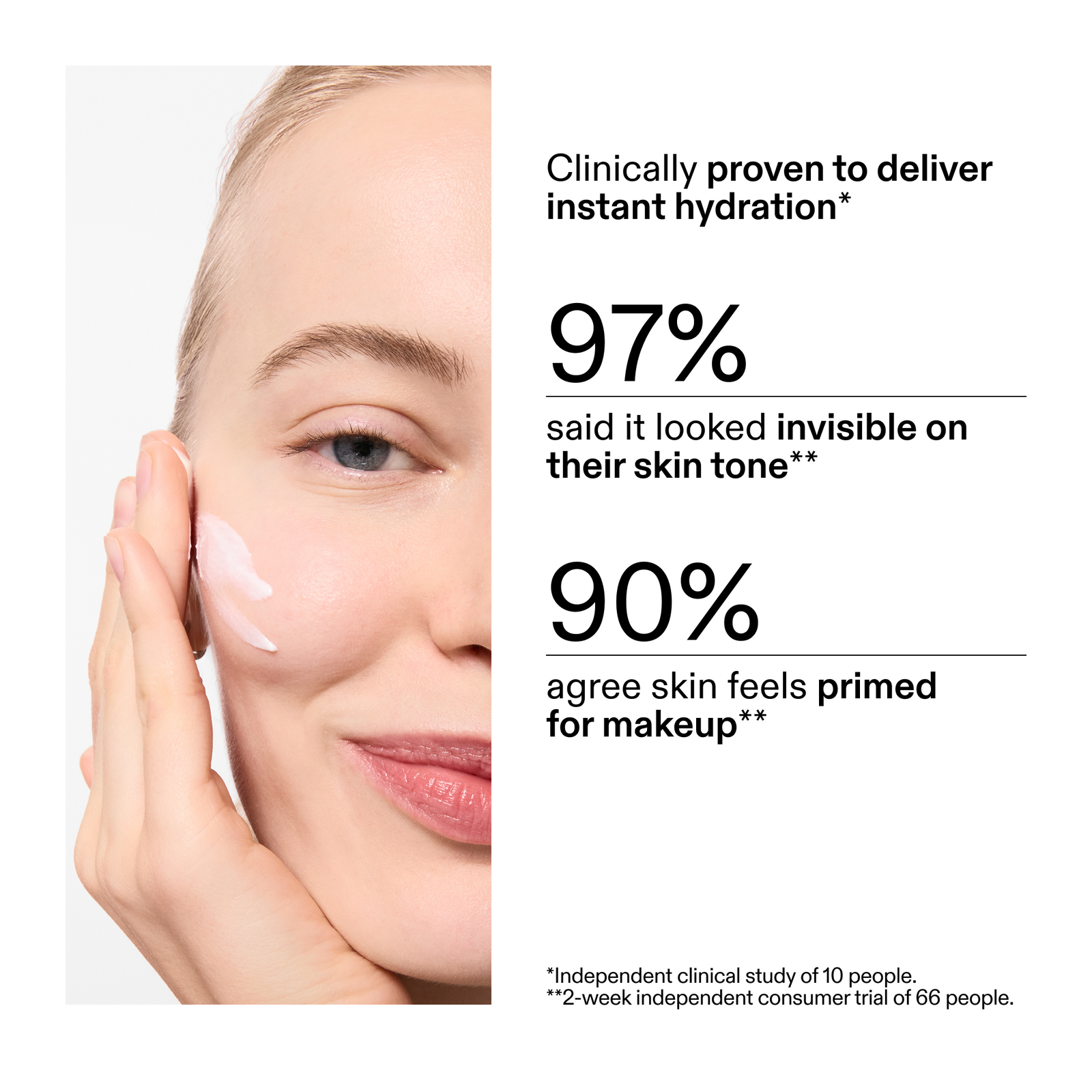 Advertisement for skincare product showing a woman's face with text about hydration and makeup priming from clinical trial