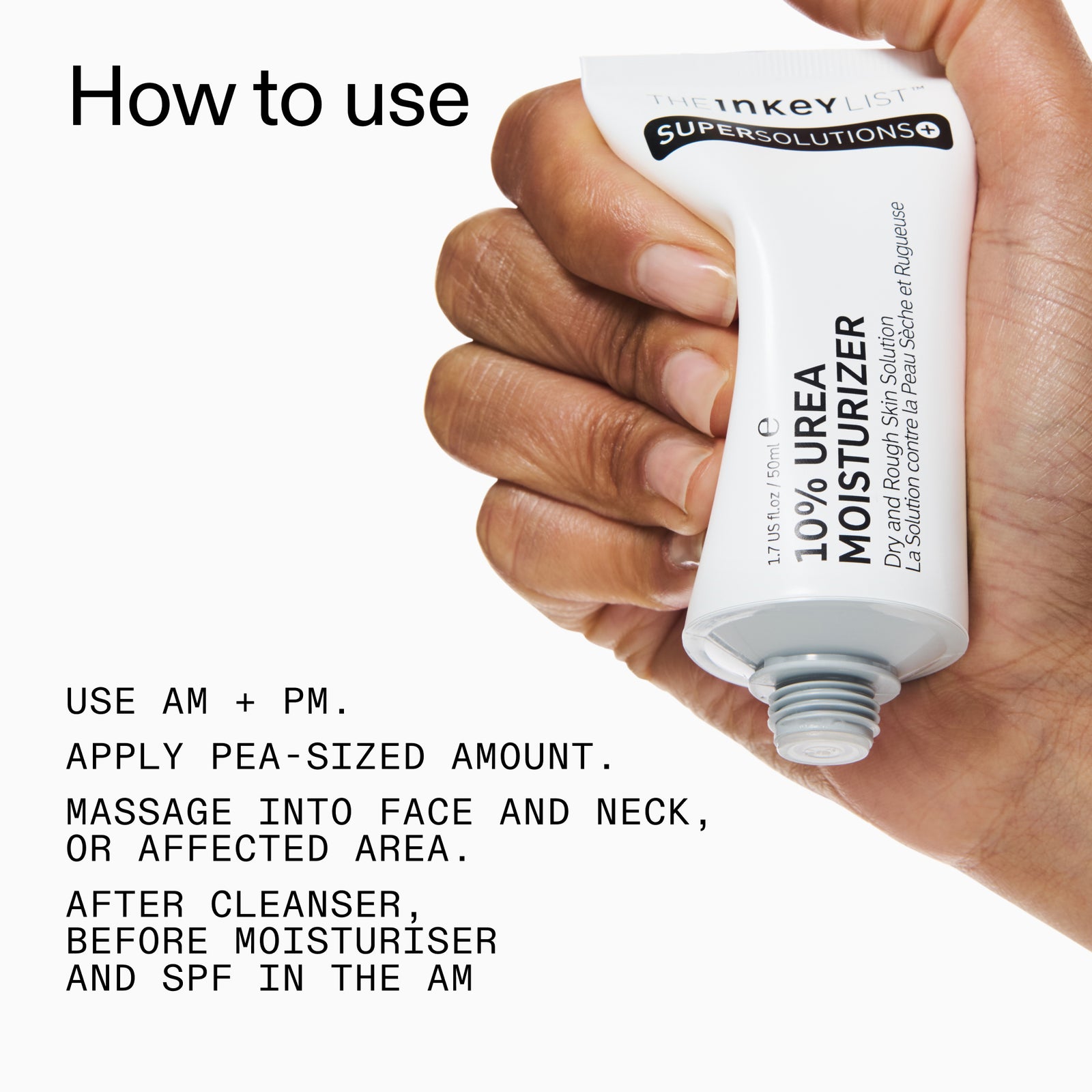 Hand holding a10% Urea Moisturiser with usage instructions on a white background