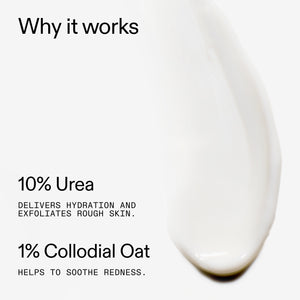 Close-up of a white cream with text explaining its ingredients and benefits of 10% Urea Moisturiser on a white background.