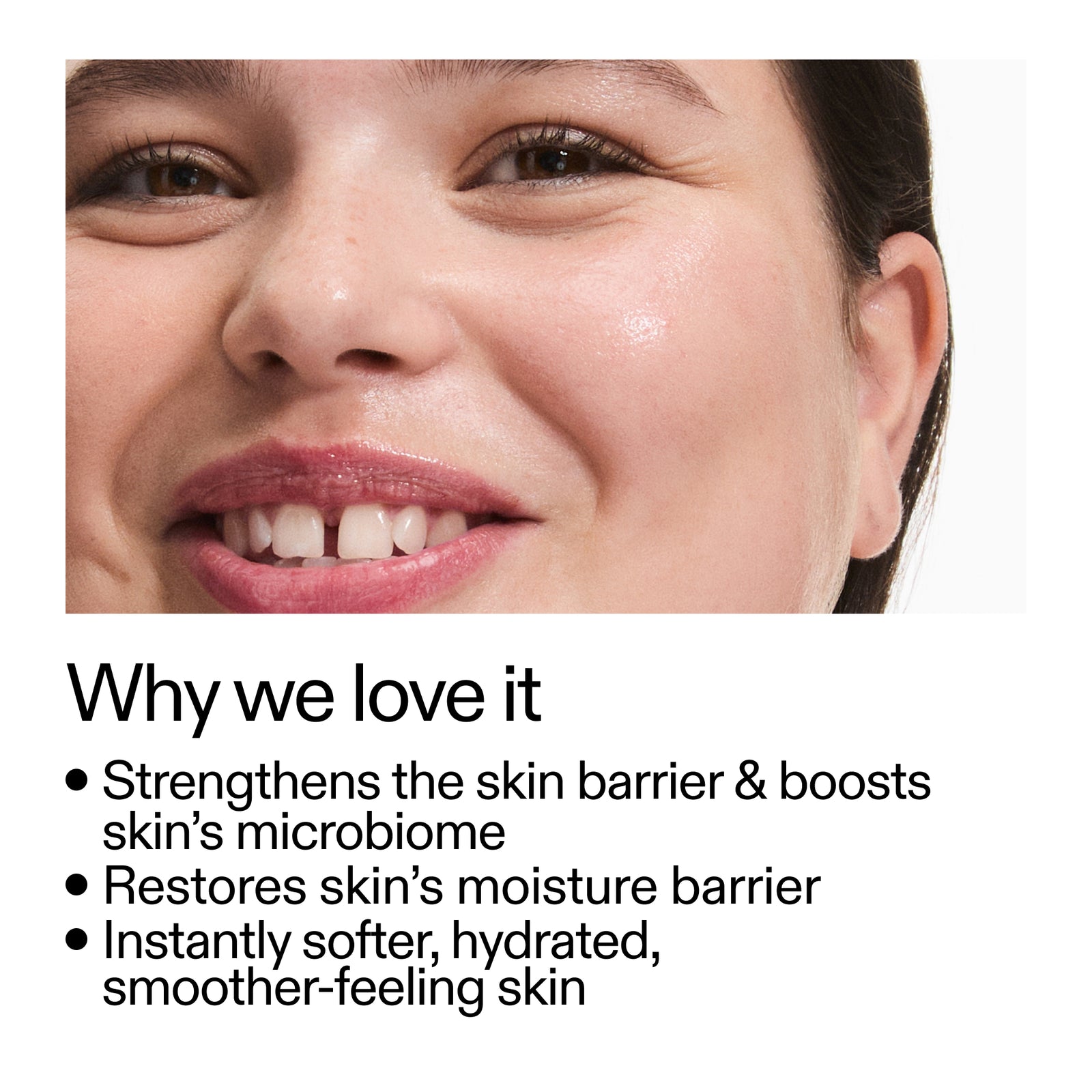 Close-up of a woman's face with text highlighting skincare benefits of Ectoin Hydro-Barrier Serum
