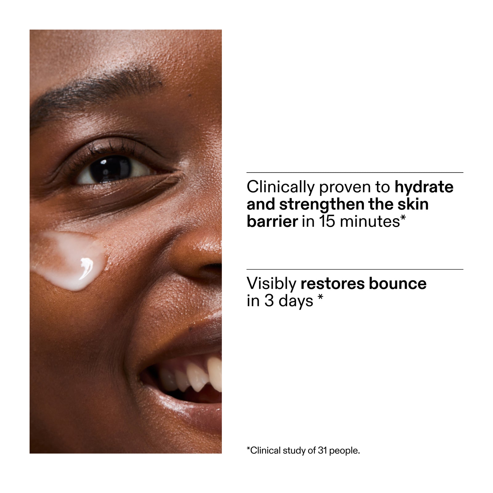 Close-up of a person's face with skincare product, text about skin barrier restoration from clinical study of using Ectoin Hydro-Barrier Serum
