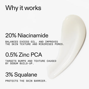Product with text detailing 20% Niacinamide Serum ingredients and benefits on a white background