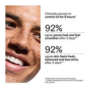 Advertisement showing a close-up of a person's face with text about 20% Niacinamide Serum effectiveness in a clinical study