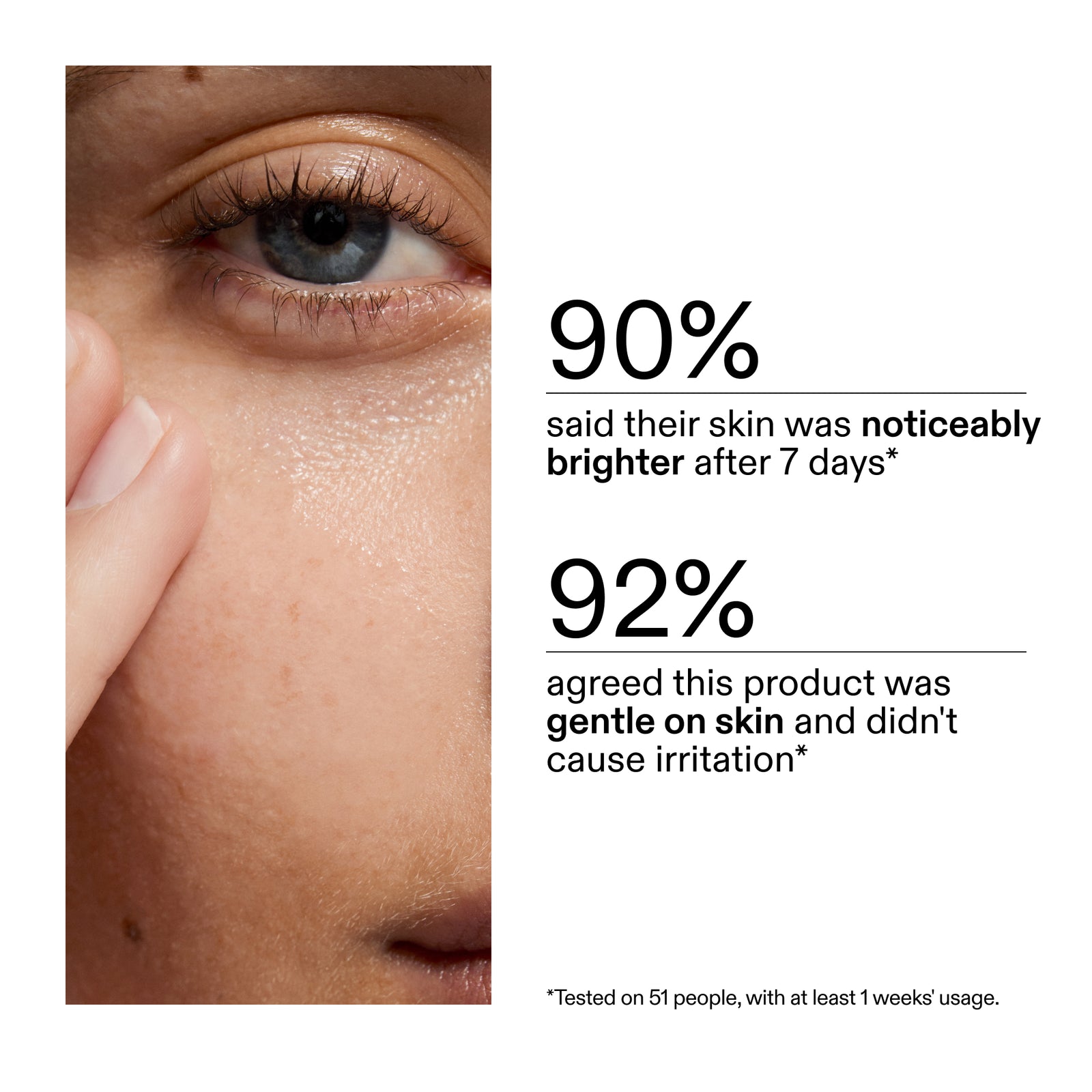 Product advertisement showing a close-up of skin with text about product effectiveness from a clinical trial