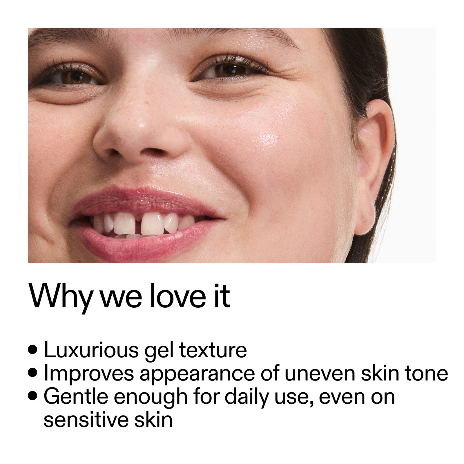 Close-up of a woman's face with text highlighting product features of Fulvic Acid Cleanser on a white background