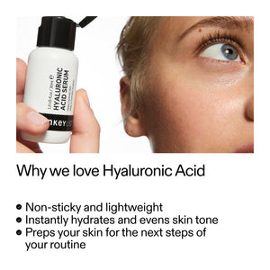 Hyaluronic Acid serum bottle held by a hand with close-up of eye and skin, text about benefits.