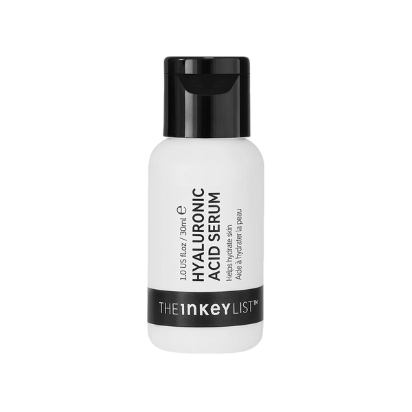 A 30ml white bottle of The Inkey List Hyaluronic Acid Serum with a black cap and black label band, shown on a plain white background.