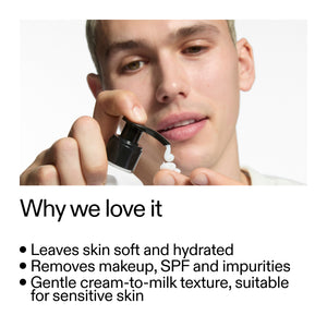 Person using a skincare product with text highlighting benefits on a white background