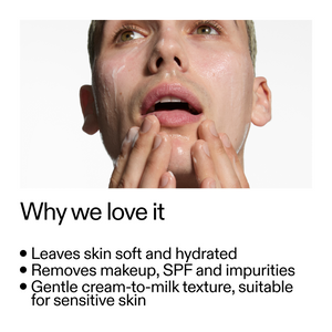 Person applying cream to face with text about Milk Cleanser benefits
