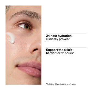 Close-up of a person's face with Milk Cleanser applied, text about hydration and skin barrier support claims from a clinical study
