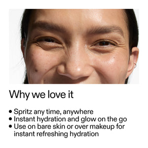 Close-up of a person's face with text about instant hydration and glow after using Hydro-Surge Dewy Face Mist