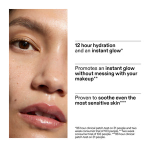 Close-up of a person's face with text about skincare product benefits from a clinical study of Hydro-Surge Dewy Face Mist