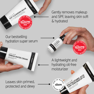 Award spotlight: Oat Cleansing balm Allure 2020 award, Hyaluronic Acid Serum with Allure 2022 award badge and Dewy SPF 30 with Allure award