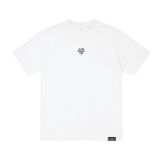 White t-shirt with black text and logo on a white background