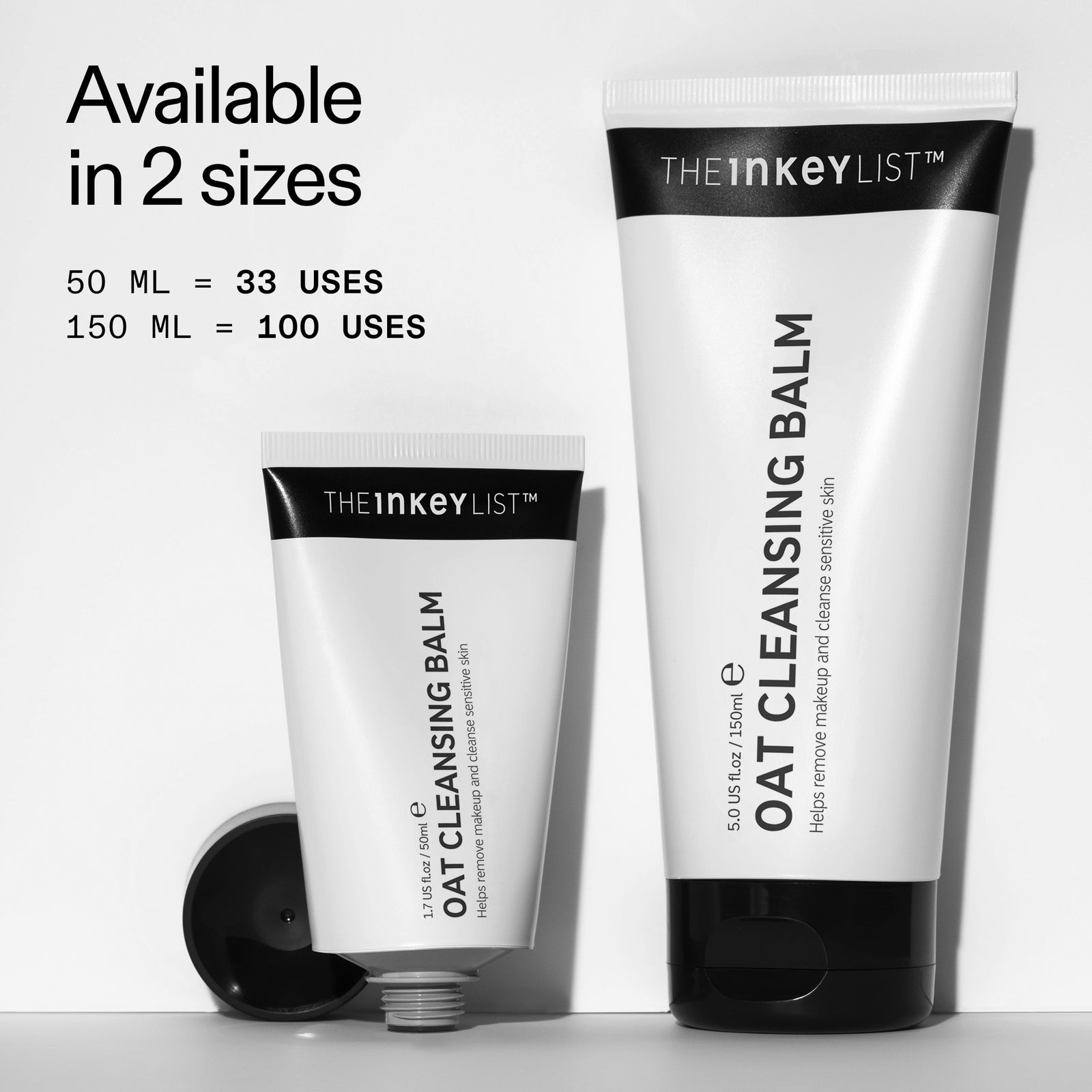 50ml and 150ml bottle of Oat Cleansing Balm, showing how many uses in each