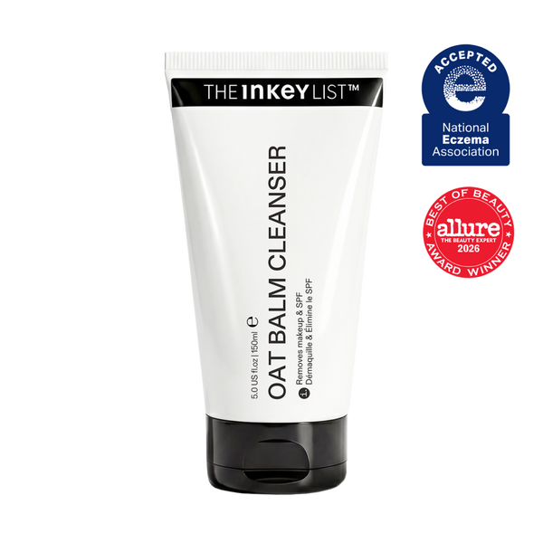 The INKEY List Oat Cleansing Balm tube packshot, 5.0 fl oz/150ml with award badge