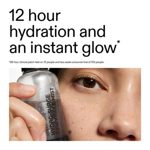 Person holding Hydro-Surge Dewy Face Mist with text about hydration and glow benefits