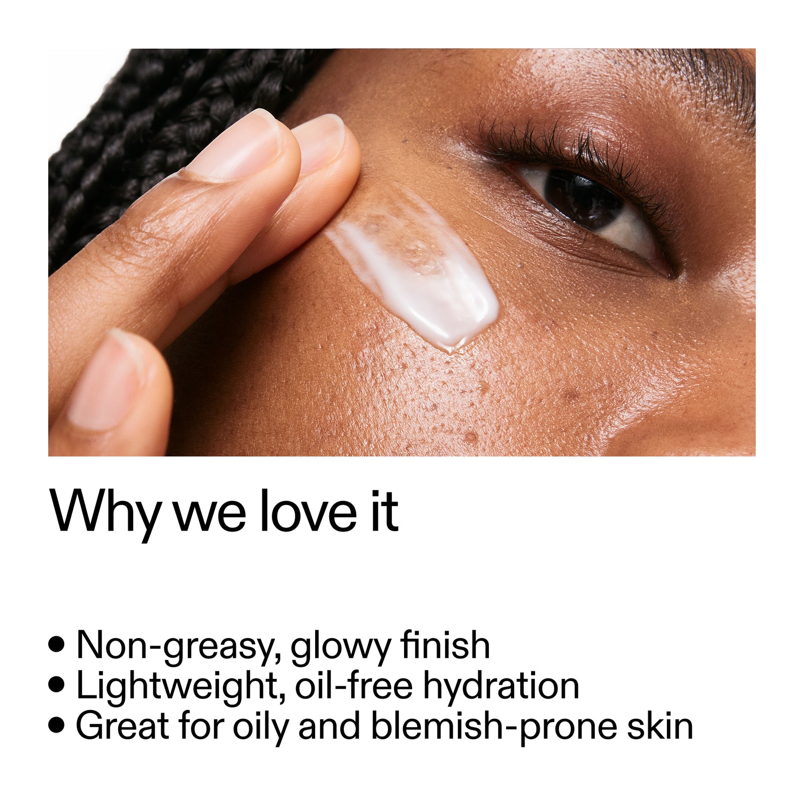 Close-up of a hand applying Omega Water Cream to skin with text about product benefits.