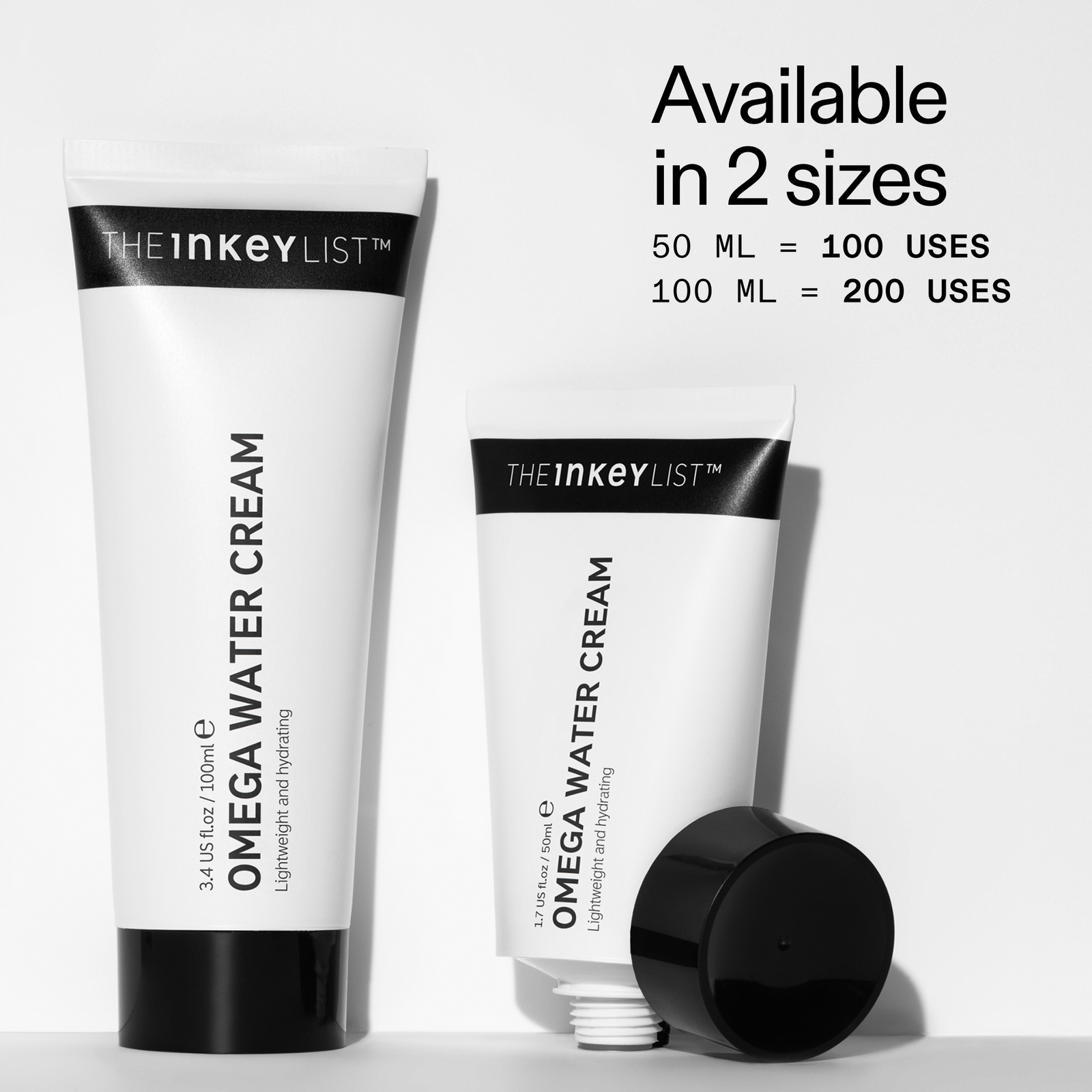 Two tubes of The Inkey List Omega Water Cream with size information on a white background