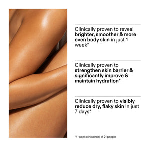 Advertisement for skin care product showing smooth skin with text highlighting benefits from clinical study