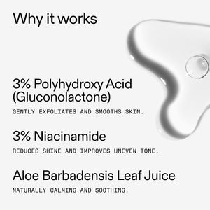 Product packaging with text detailing ingredients and benefits in PHA Toner on a white background