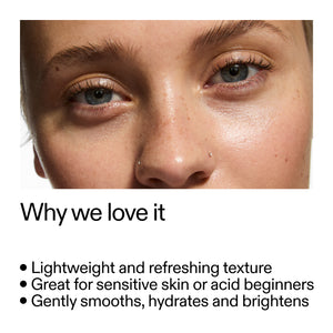 Close-up of a person's eye with text about PHA Toner product benefits.