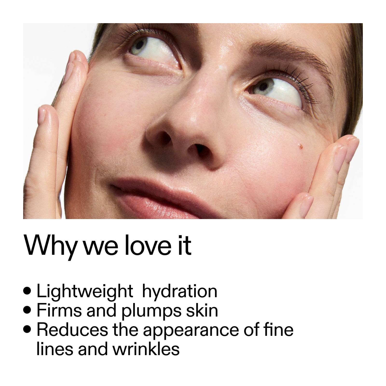 close of a woman's face with key benefits of Peptide Moisturiser