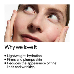 close of a woman's face with key benefits of Peptide Moisturiser