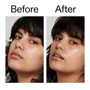 Before and after comparison of a woman's face with a neutral background