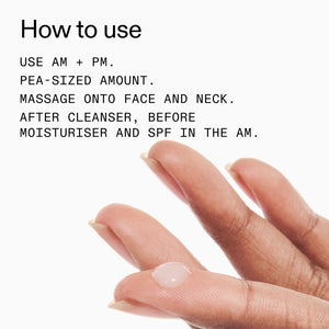 Hand with a pea-sized amount of Polyglutamic Acid Serum and text on how to use it.