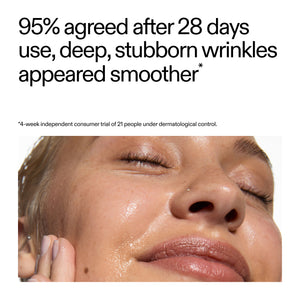 Advertisement for a skincare product showing a close-up of a person's face with text about wrinkle reduction from a clinical study using 1% Retinol Serum