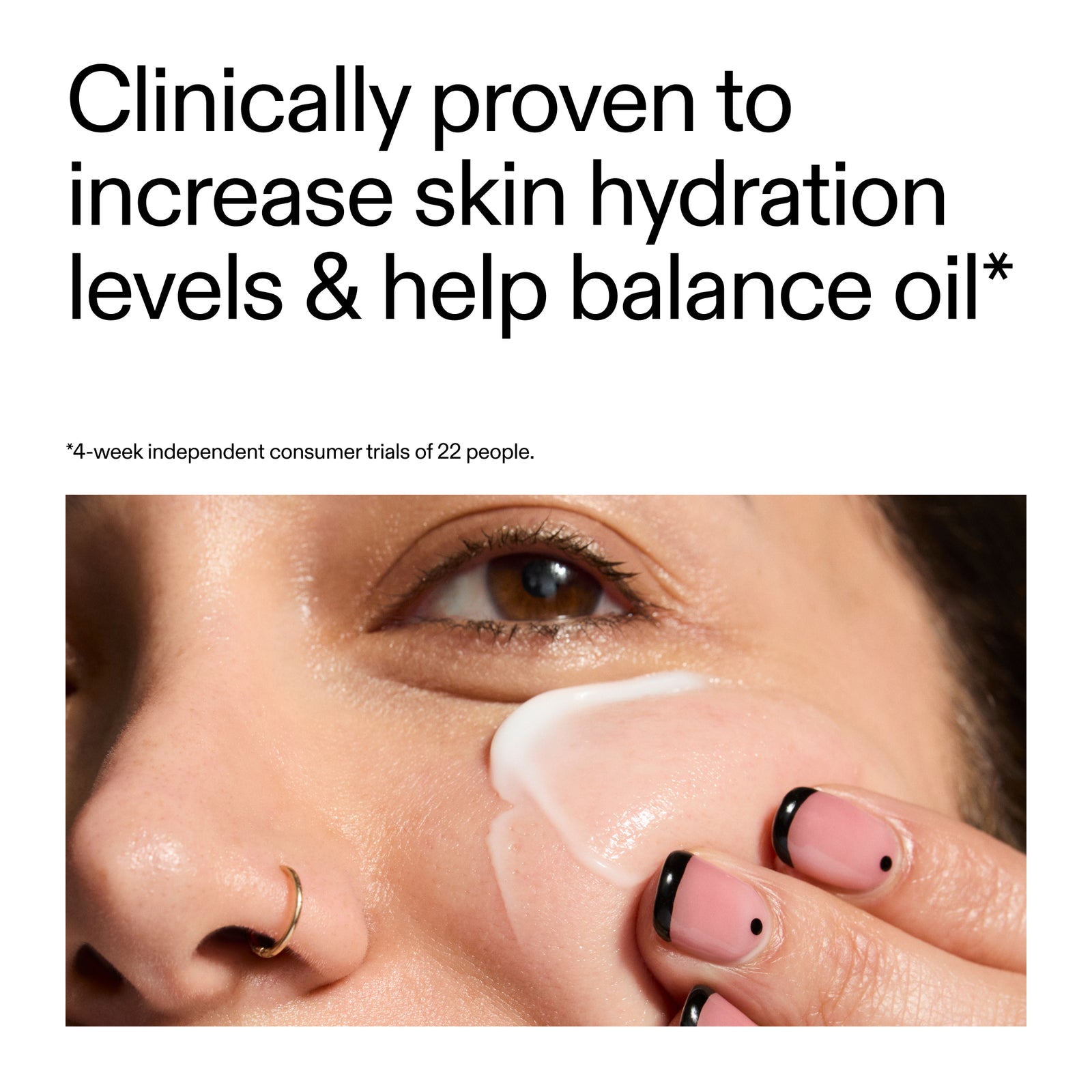 Close-up of a person applying cream to their face with text clinical trial results