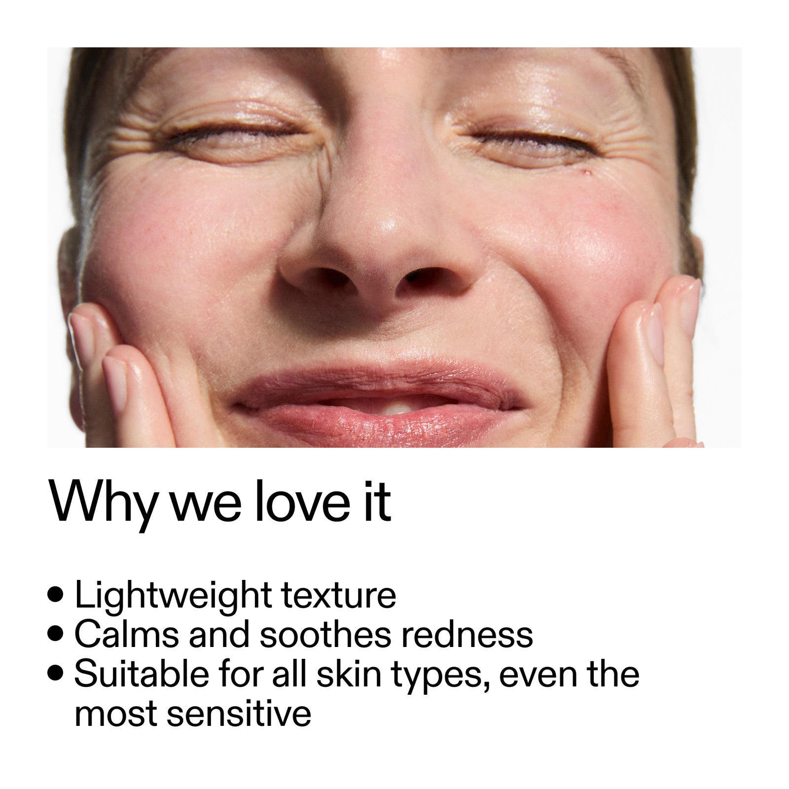 Close-up of a person's face with text highlighting  Azelaic Acid Serum benefits on a white background