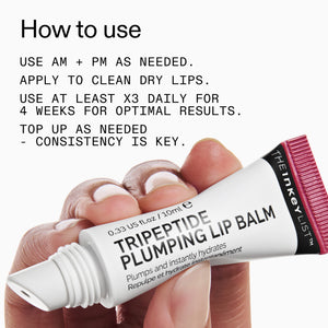 Tripeptide plumping lip balmTripeptide Plumping Berry Lip Balm usage instructions on a white background