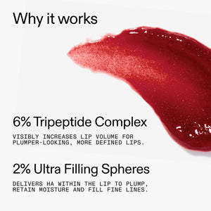 Tripeptide Plumping Berry Lip Balm on a white background and text about its ingredients and benefits.