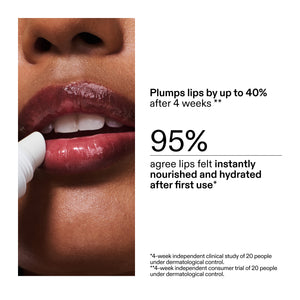 Lip product advertisement with a close-up of lips and text about Tripeptide Plumping Berry Lip Balm plumping and hydration.