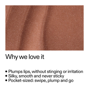 Tripeptide Plumping Mocha Brown Lip Balm and text listing features on a white background