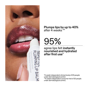 Tripeptide Plumping Pink Lip Balm applied to lips with product details and user feedback on a white background