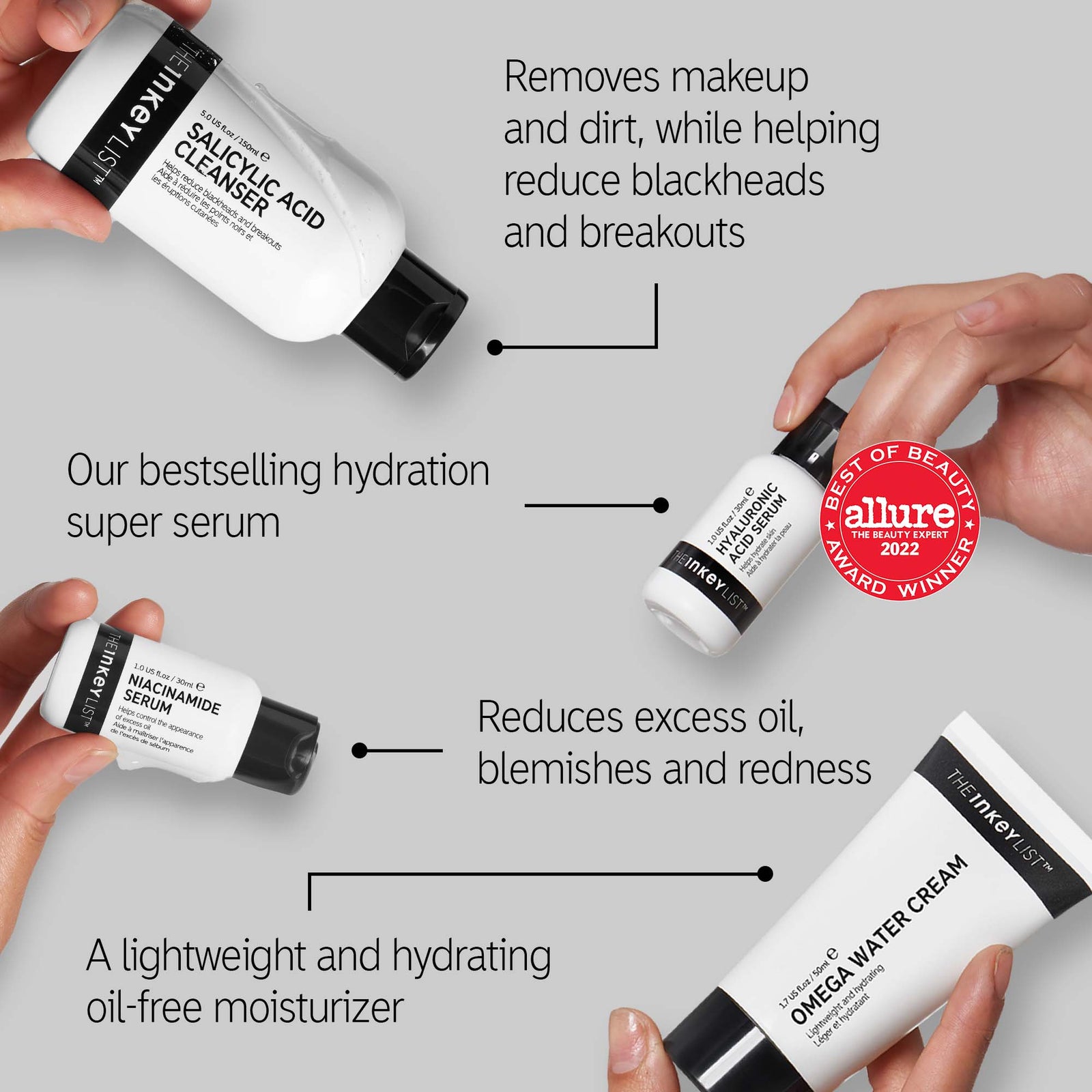 Award hand shot including HA Serum Allure Best of Beauty 2022 award