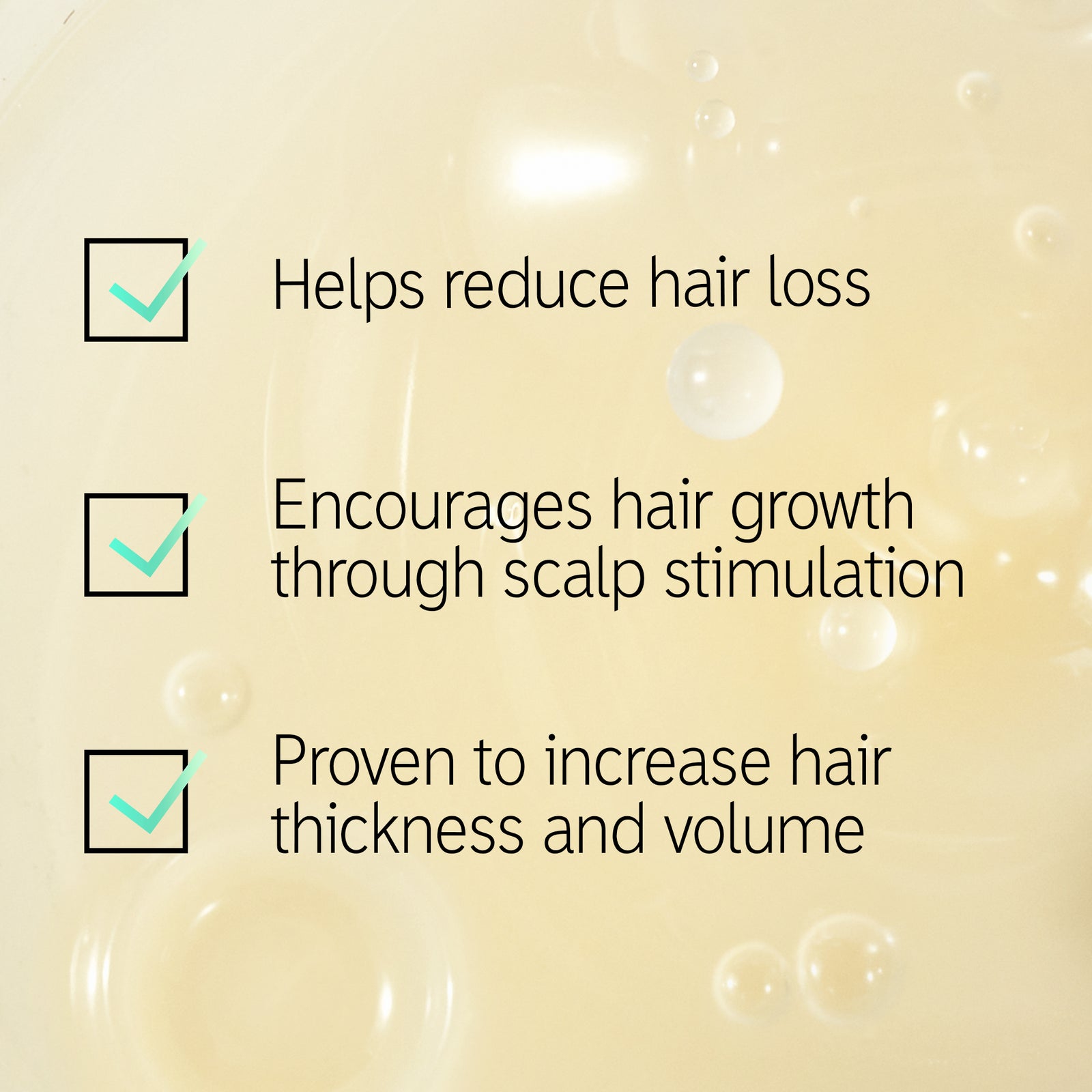 Infographic with text 'helps reduce hair loss, encourages hair growth through scalp stimulation and proven to increase hair thickness and volume'