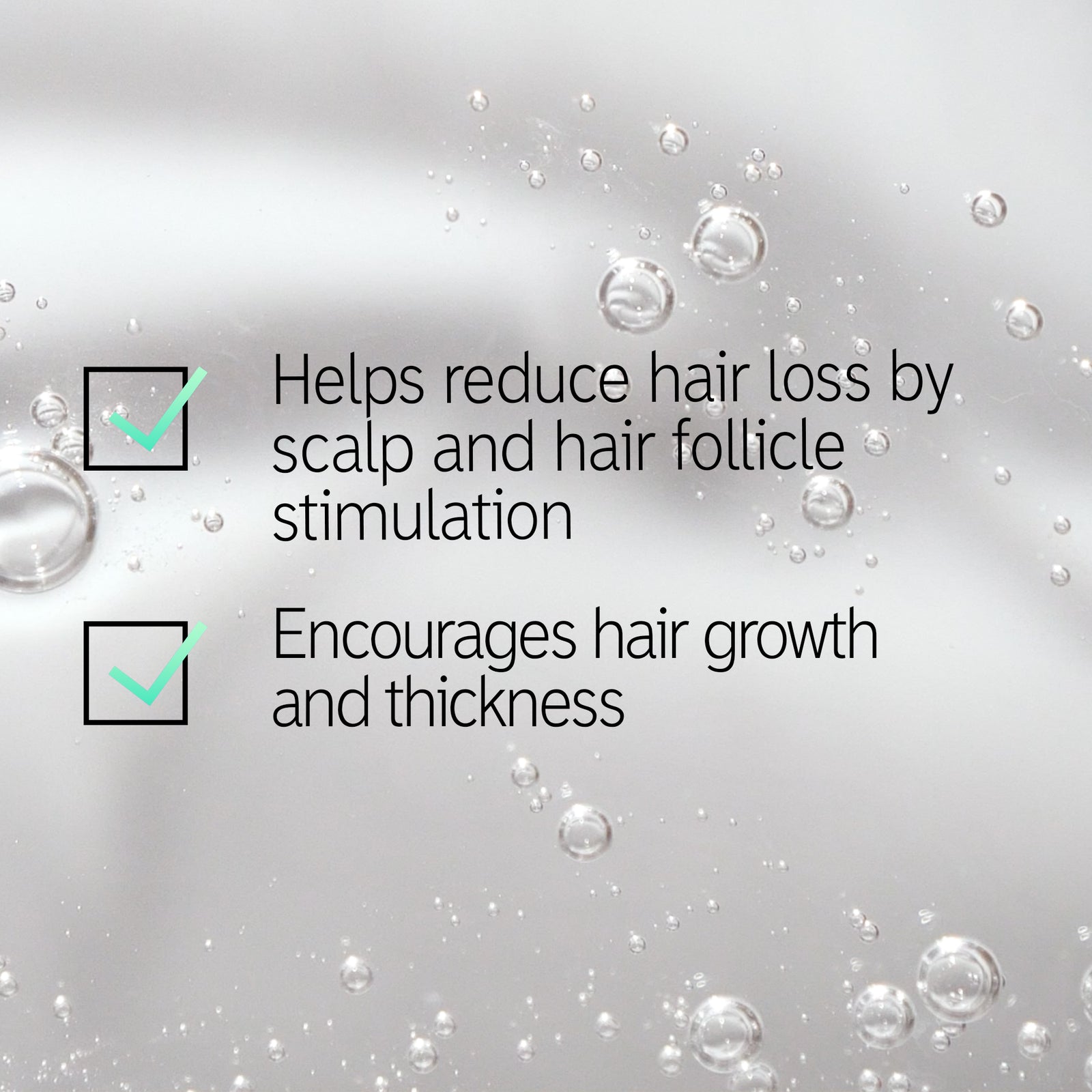 Infographic reading 'Helps reduce hair loss by scalp and hair follicle stimulation' and 'Encourages hair growth and thickness'